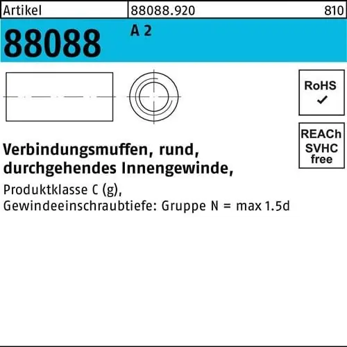 Verbindungsmuffe R 88088 rund IG M16x 40x 22 A 2 durchg. Innengew. 10 Stück Echt