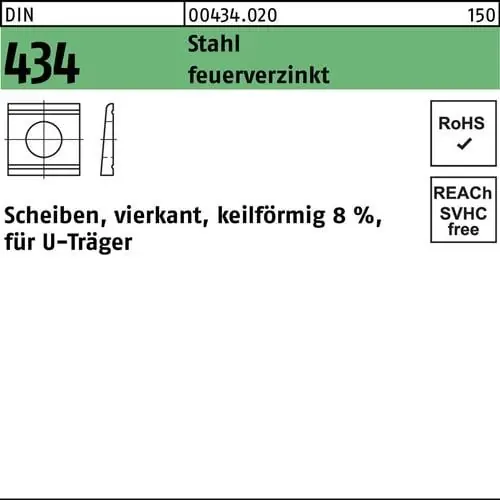 U-Scheibe DIN 434 vierkant keilförmig 17,5 Stahl feuerverz. Neigung 8% 100St. Kostenfreie Lieferung
