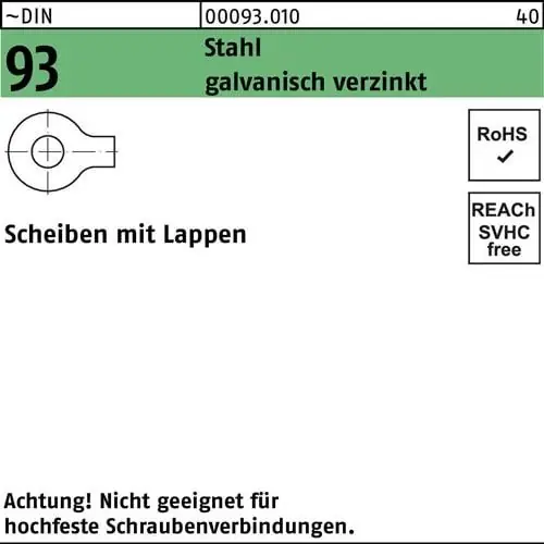 Unterlegscheibe DIN 93 Lappen 13 Stahl galv.verz. 100 Stück Neu