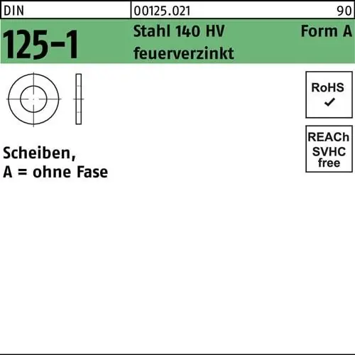 Beliebt Unterlegscheibe DIN 125-1 A 6,4x12x1,6 Stahl 140 HV feuerverz. 100St.