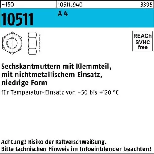 Sechskantmutter ISO 10511 Klemmteil M14 A 4 250 Stück Wochenendangebot