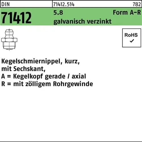 Kostenfreie Lieferung Kegelschmiernippel DIN 71412 FormA-R AR 1/4 SW14 5.8 galv.verz. 50St.