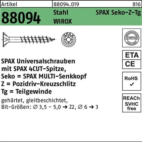 Schraube R 88094 SEKO Spitze/PZ 4,5x45/29-Z TG Sta galv.verz. WIROX 500St. SPAX Markenprodukt