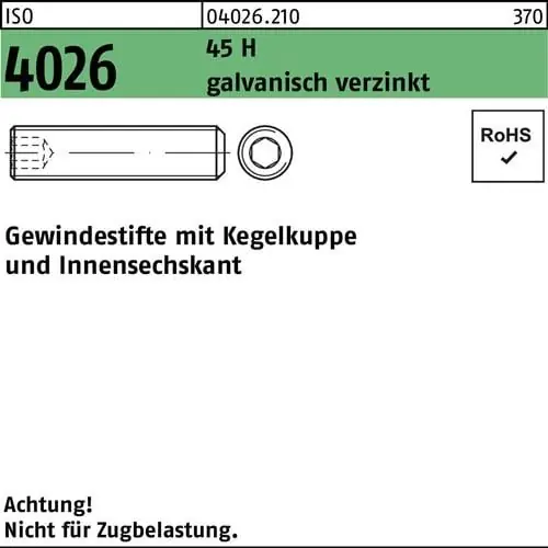 Gewindestift ISO 4026 Kegelkuppe/Innen-6kt M8x35 45 H galv.verz. 200St. Günstig