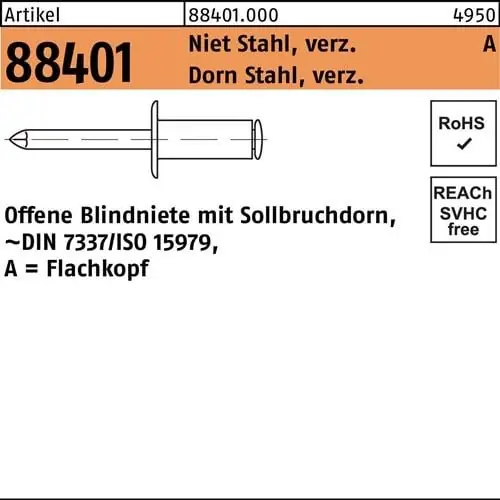 Preisknaller Blindniete R 88401 FLAKO 3x12 Niet Stahl verz./Dorn Stahl verz. 500St.