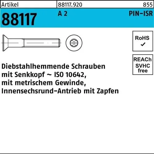 Schraube R 88117 diebstahlh. Seko ISR Zapfen M4x 40-T20 A 2 100 Stück Kostenfreie Lieferung