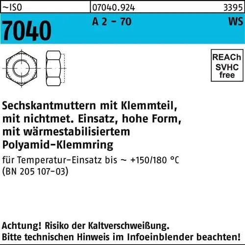 Abverkauf Sechskantmutter ISO 7040 Klemmteil M3 A 2 - 70 brauner Ring 1000 Stück