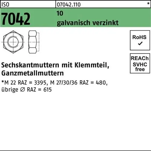 Sechskantmutter ISO 7042 Klemmteil M36 10 galv.verz. 10 Stück Preisknaller