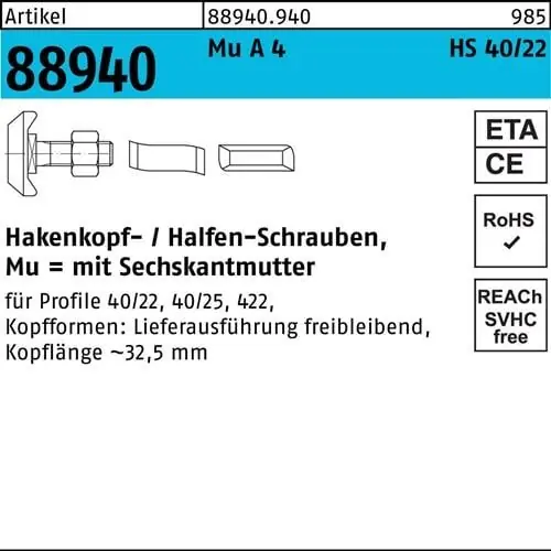 Billig Hammerkopfschraube R 88940 40/22 6-ktmutter M16x 50 Mu A 4 10St. HALFEN