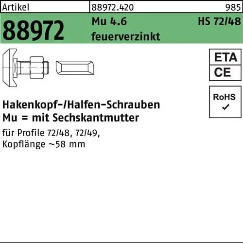Kracherpreis Hammerkopfschraube R 88972 Typ 72/48 M24x100 Mu 4.6 feuerverz. 10St. HALFEN