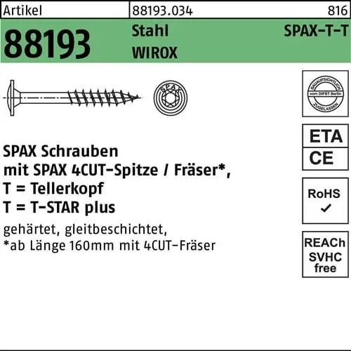 Neuheit Tellerkopfschraube R 88193 Spitze/T-STAR 8x360/80-T40 Sta verz. WIROX 50St. SPAX