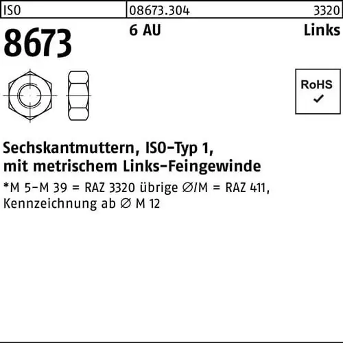 Sofort Bestellen Sechskantmutter ISO 8673 links M10x 1 6 Automatenstahl 100 Stück