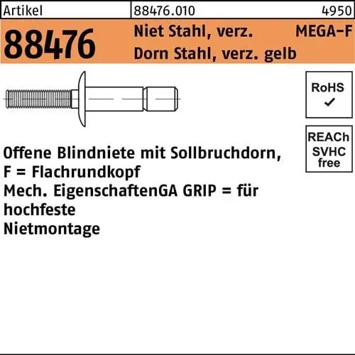 Kostenfreie Lieferung Blindniete R 88474 FLAKO 6,4x20,5 Niet Sta verz/Dorn Sta verz gelb 100St. GESIPA