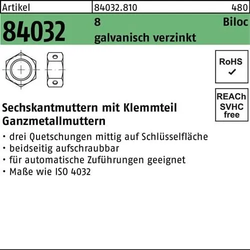 Sechskantmutter R 84032 Biloc Klemmteil M6 8 galv.verz. 1000 Stück Markenprodukt