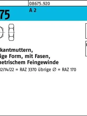Sechskantmutter ISO 8675 Fasen M8x 1 A 2 100 Stück Begrenztes Angebot