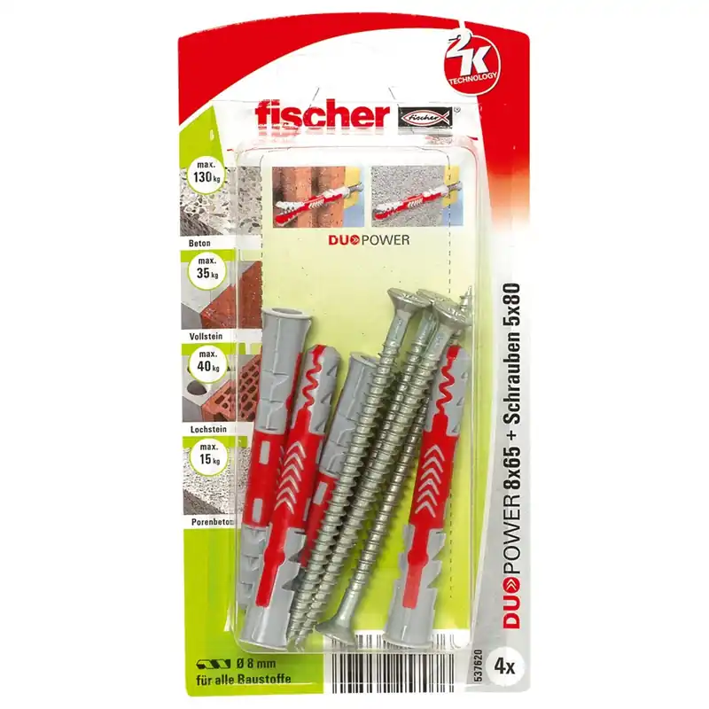 Fischer 4x DUOPOWER 8x65 S mit Schraube - 537620 Kostenfreie Lieferung