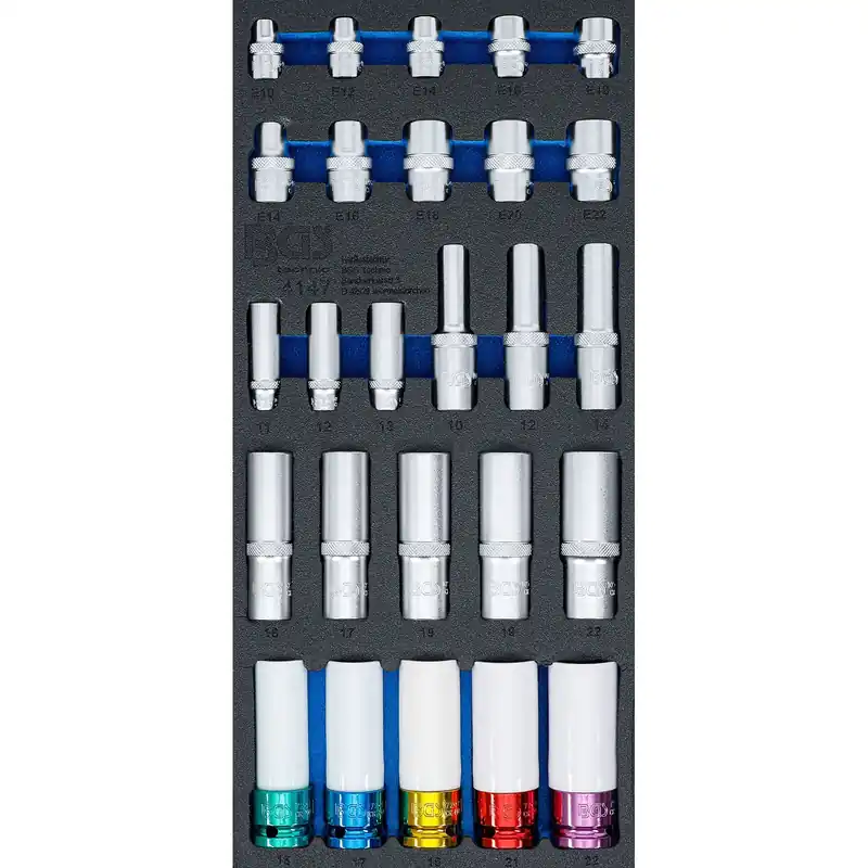 Bestseller BGS Werkstattwageneinlage 1/3: Steckschlüssel-Einsätze Sechskant tief 11 – 22 mm E-Profil E10 - E22 6,3 mm (1/4") / 10 mm (3/8") / 12,5 mm (1/2") 26tlg. - 4147