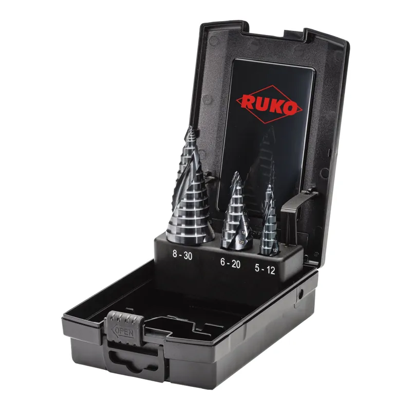 Must-Have RUKO ULTIMATECUT Stufenbohrer-Satz HSSE-Co 5 RUnaTEC mit FLOWSTEP® Spitze in Kunststoffkassette - 3 tlg. - 101626EPRO