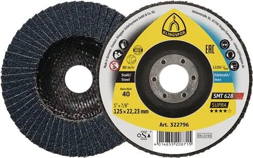 KLINGSPOR Fächerscheibe SMT 628 Supra Ø 115 mm Körnung 80 flach INOX Zirkonkorund - 322793 Geprüft