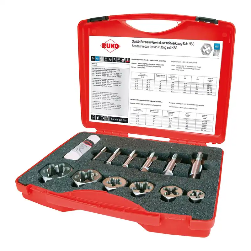 Top-Preis RUKO Sanitär-Reparatur-Gewindeschneidwerkzeug-Satz HSS für zylindrisches Rohrgewinde im Kunststoffkoffer - 245059