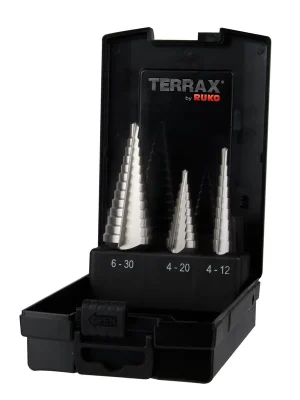 TERRAX by RUKO Stufenbohrer-Satz HSS, gerade Nut - 3 tlg. (Kassette Kunststoff) - A101126RO Neu Im Sortiment