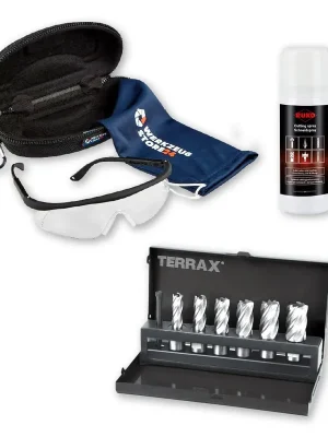 TERRAX by RUKO Kernbohrer-Satz HSS 7tlg. Schneidöl-Spay Schutzbrille in Etui 9tlg. Set - WZS108820 Neue Ware