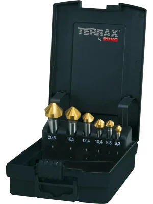Sonderangebot TERRAX by RUKO Kegel- und Entgratsenker-Satz 6tlg. DIN 335 Form C 90° HSS-TiN Ø 6,3 - 20,5 mm in ABS-Kunststoffkassette - A102152TRO