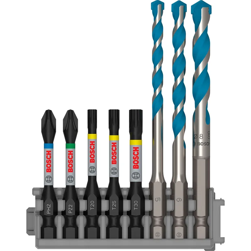 Bosch PRO Impact Set mit Multi Construction Bohrern und Pick and Click-Einsätzen PH2; PZ2; T20; T25; T30; MC 5/6/8 mm 55 mm 8-tlg. - 2608577144 Schnäppchen