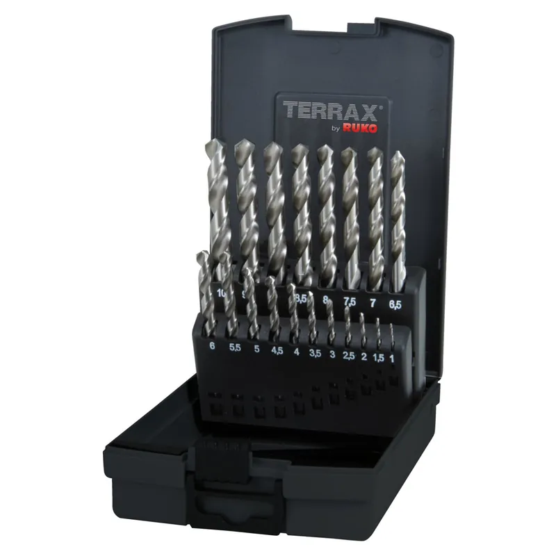 Günstig TERRAX by RUKO 5x Spiralbohrer-Satz DIN 338 Typ N, HSS-G - 19 tlg. (Kassette Kunststoff) - A214214RO