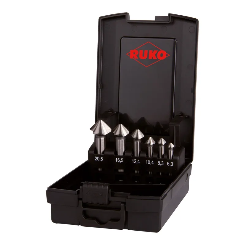 Zertifiziert RUKO ULTIMATECUT Kegel- und Entgratsenker-Satz 3S HSSE-Co 5 DIN 335 Form C 90° in Kunststoffkassette 6 teilig - 102790ERO