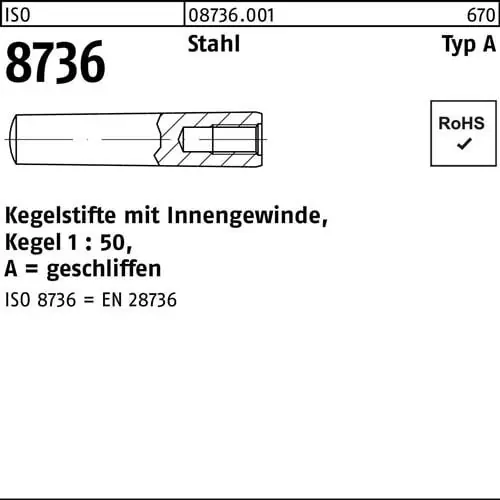 Kegelstift ISO 8736 Innengewinde A 12x 36 Stahl Kegel 1:50 10 Stück Top-Seller