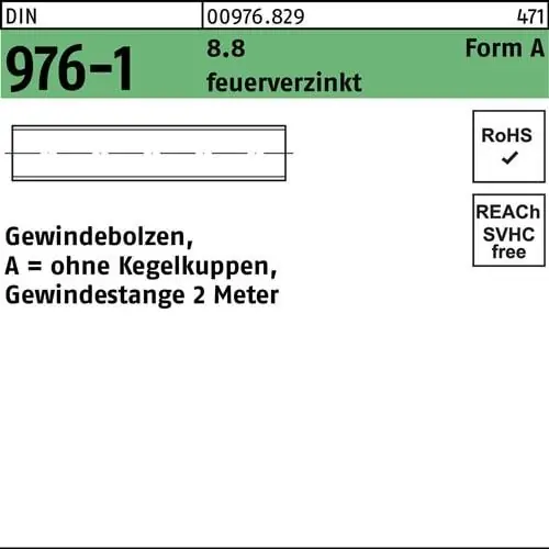 Gewindebolzen DIN 976 o.Kegelkuppen AM 20x 2000 8.8 feuerverz. 1 Stück Neuheit