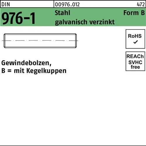 Gewindebolzen DIN 976 Kegelkuppen BM 12x 350 Stahl galv.verz. 10St. Geprüft